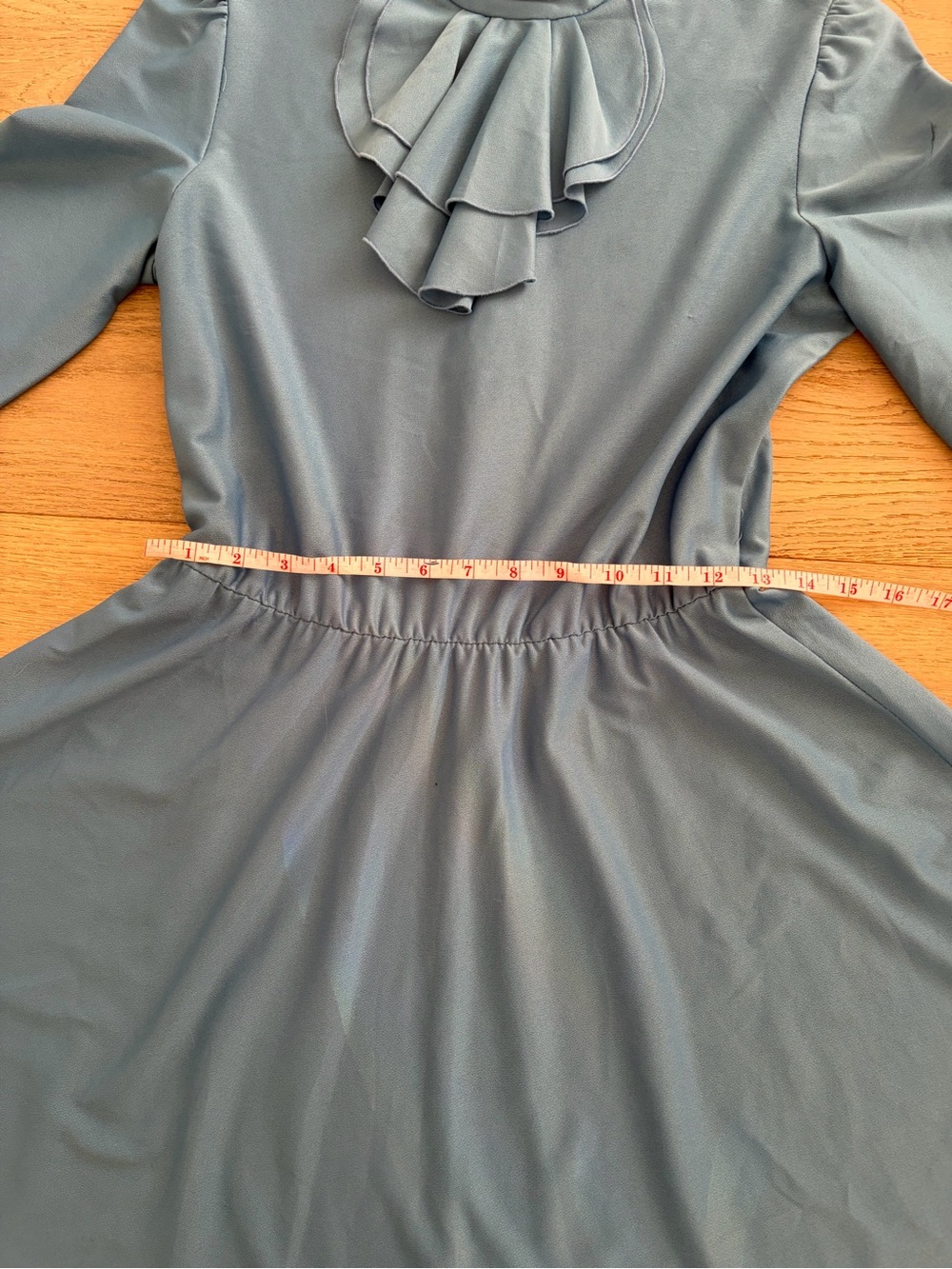 Vintage Dusty Blue Long-Sleeve Ruffle-Neck Fit-and-Flare Dress - Picture 6 of 7